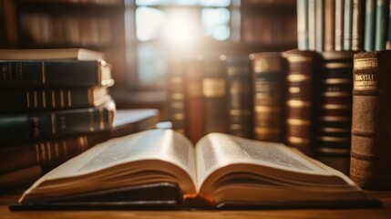 Fototapeta premium Open vintage book with sunlight in old library setting. Literature and education concept