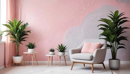 Fototapeta premium Scandinavian living room interior design zoom background,Doodle patterned wallpaper graphics
