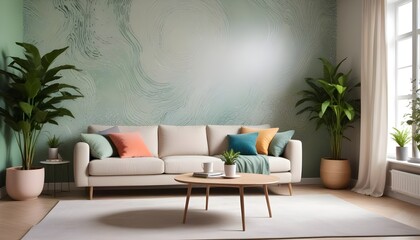 Scandinavian living room interior design zoom background,Doodle patterned wallpaper graphics
