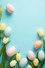 Obraz premium Blue background with a row of colorful eggs and yellow flowers