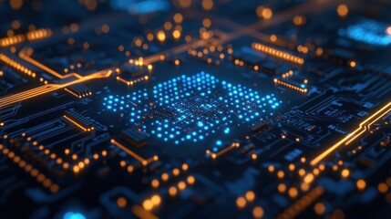 Obraz premium A close-up view of a circuit board with glowing blue and orange lights.