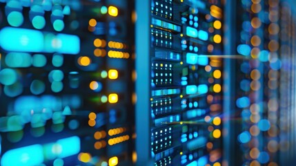 Data Center with Glowing Server Lights