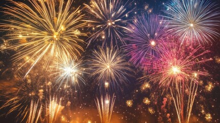 Fiesta New Year fireworks create a vibrant night scene with dynamic colors and patterns. The fireworks light up the night sky, perfect for a countdown celebration, featuring ample copy space.