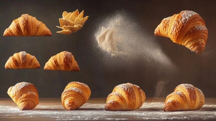 Multiple steps of French baking croissants are captured in this image, illustrating the journey from raw dough to perfectly baked, crispy croissants. Ideal layout for culinary designs.