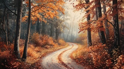 Obraz premium Rural road winding through a stunning autumn forest, adorned with vibrant foliage. The scene captures the essence of a peaceful rural road amid natures autumn beauty, offering ample copy space.