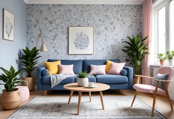 Scandinavian living room interior design zoom background,Doodle patterned wallpaper graphics