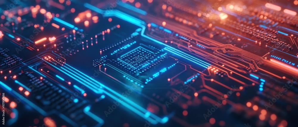 Poster close-up view of a circuit board with glowing elements, showcasing technology and design.