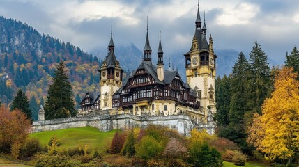 Obraz premium Gothic-style castle with high spires, dramatic atmosphere