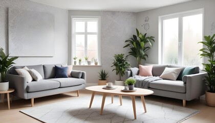 Scandinavian living room interior design zoom background,Doodle patterned wallpaper graphics