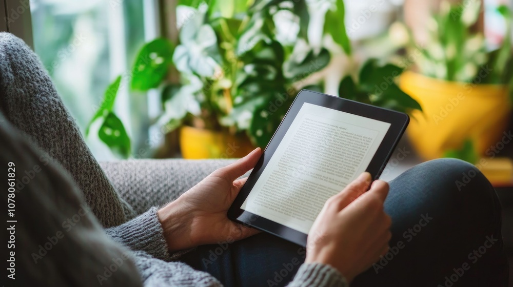Poster grandparent reading from an e-reader with large font, embracing technology for leisure