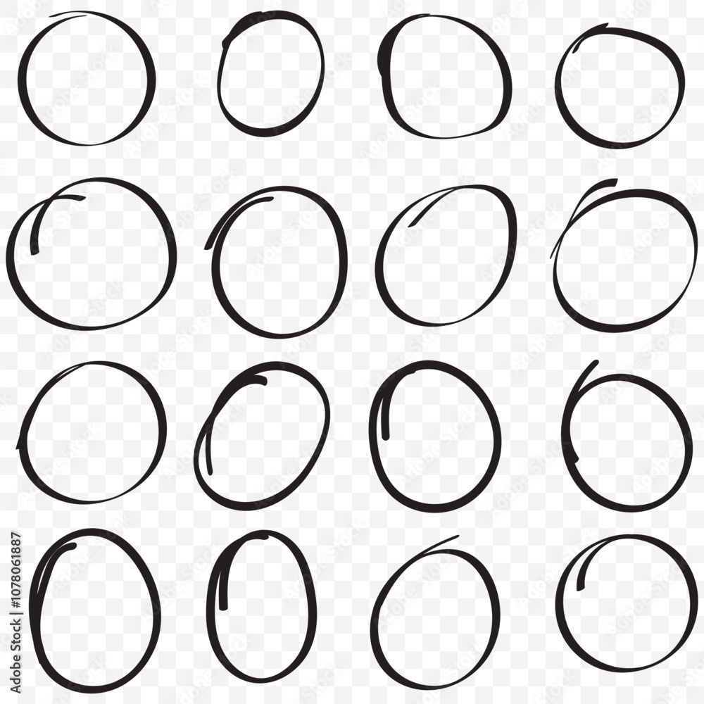 Poster hand drawn circle line sketch set circular vector image. vector brush strokes circles of paint on wh