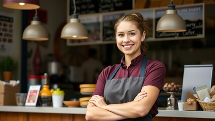 Fototapeta premium Happy Barista in Modern Cafe, Perfect for Restaurant Marketing, Cafe Branding, or Coffee Shop Promotions