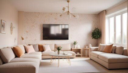 Scandinavian living room interior design zoom background,Doodle patterned wallpaper graphics