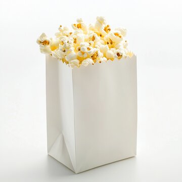 Paper bag filled with fresh popcorn on white background.