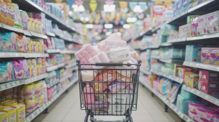 A shopping cart overflowing with diapers, wipes, and toys sits in a colorful store aisle lined with baby care items