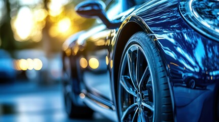 Fototapeta premium A close-up view of a sleek car's wheel with a blurred background and sunset lighting.