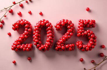 2025 made of red berries on pink background: nature and festivity blend