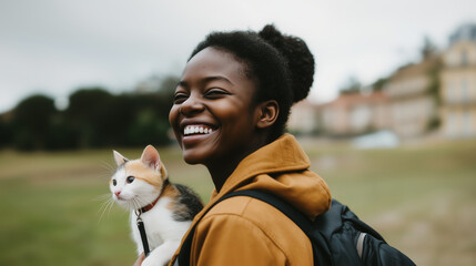 Fototapeta na wymiar Smiling Black student walking home from school finding joy in meeting a sociable and playful cat in a muted winter landscape capturing the warm bond between humans and pets