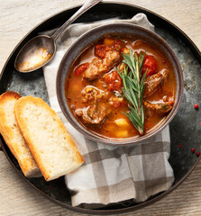 A bowl of beef bourguignon. Traditional french cousine.