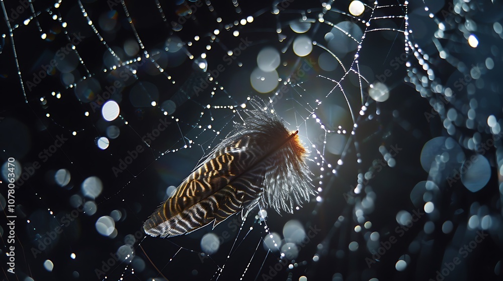 Wall mural luminous key with feathers emerging from a spiderweb set against a black backdrop featuring bokeh