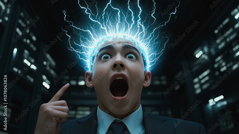 Poster A man with a pointy head is pointing at something. The image has a futuristic and sci-fi vibe to it