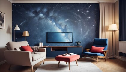 Scandinavian living room interior design zoom background,Doodle patterned wallpaper graphics