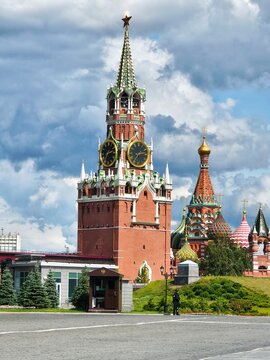 Red Square with Spasskaya  Bashnya/Tower or Kremlin's clock tower in Kremlin.