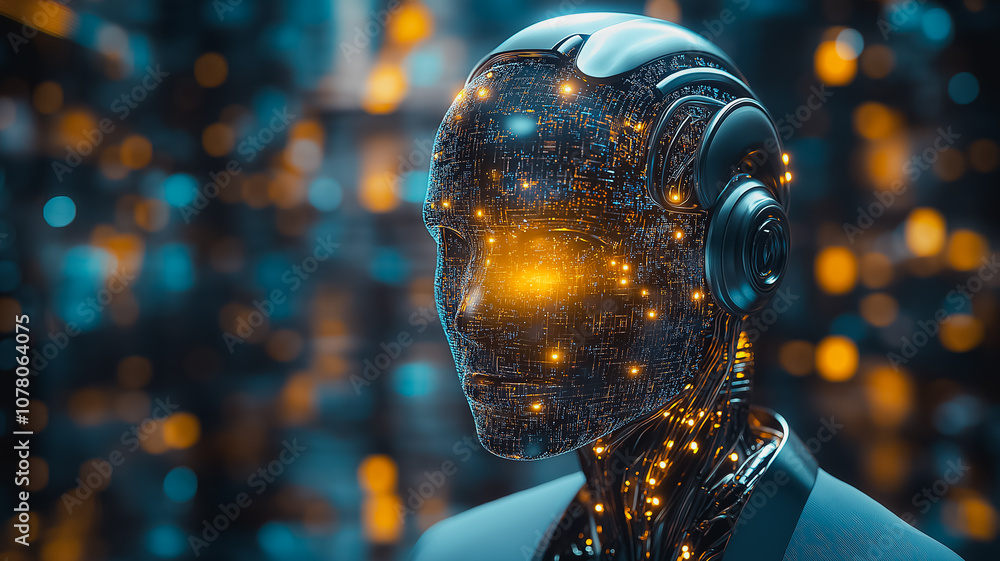 Poster a robot with a face made of circuits and a pair of headphones. the robot is looking at the camera wi