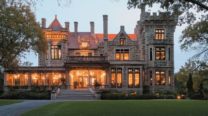 Obraz premium Mystical castle with lights glowing through windows, evening setting