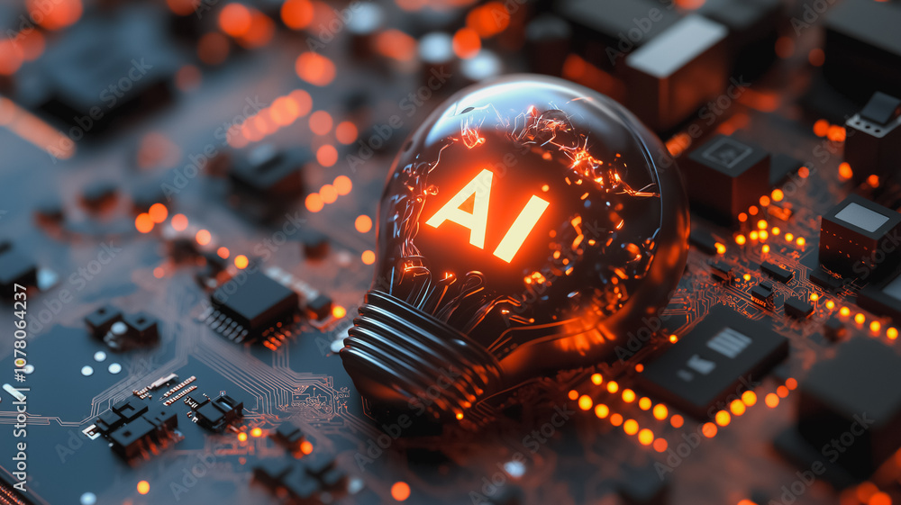 Poster a glowing bulb with the letters ai on it. the bulb is surrounded by electronic components. concept o