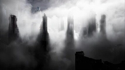 A foggy cityscape featuring incomplete skyscrapers or construction sites shrouded in mist and shadows.