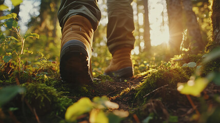 Another view of hiking boots on a forest trail illuminated by sunlight, surrounded by vibrant green foliage and earthy ground, suitable for outdoor adventures.