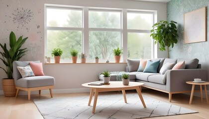 Scandinavian living room interior design zoom background,Doodle patterned wallpaper graphics