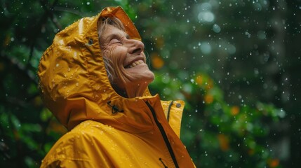 Fototapeta premium A joyful woman in a yellow jacket enjoys a rainy day in a vibrant, lush forest filled with greenery