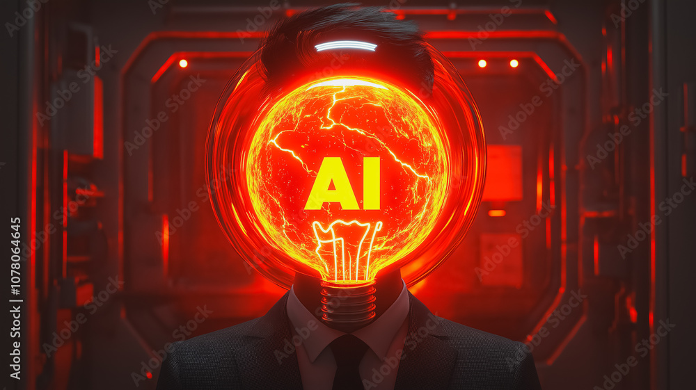 Poster a man's head is lit up with a glowing light bulb and the word ai is written on it. the image conveys