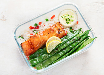 Different delicious meals in containers. Healthy diet.