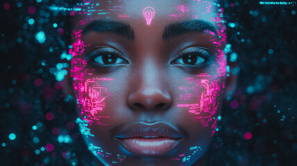 A woman's face is covered in neon colors and is surrounded by a blurry background. The image is a work of art that is meant to evoke a sense of futuristic technology