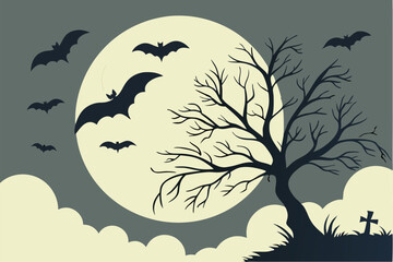 Spooky moon in cloudy sky with bats Halloween night