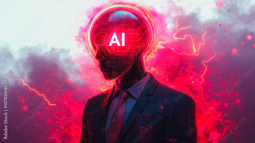 Poster a man with a red head and a red suit with the word ai on his head. the image has a futuristic and sc