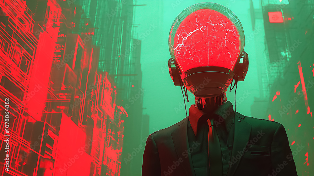 Poster a man in a suit with a red headpiece is standing in front of a cityscape. the image has a futuristic