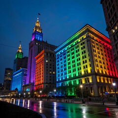 Obraz premium Colorful lights cascade off buildings.