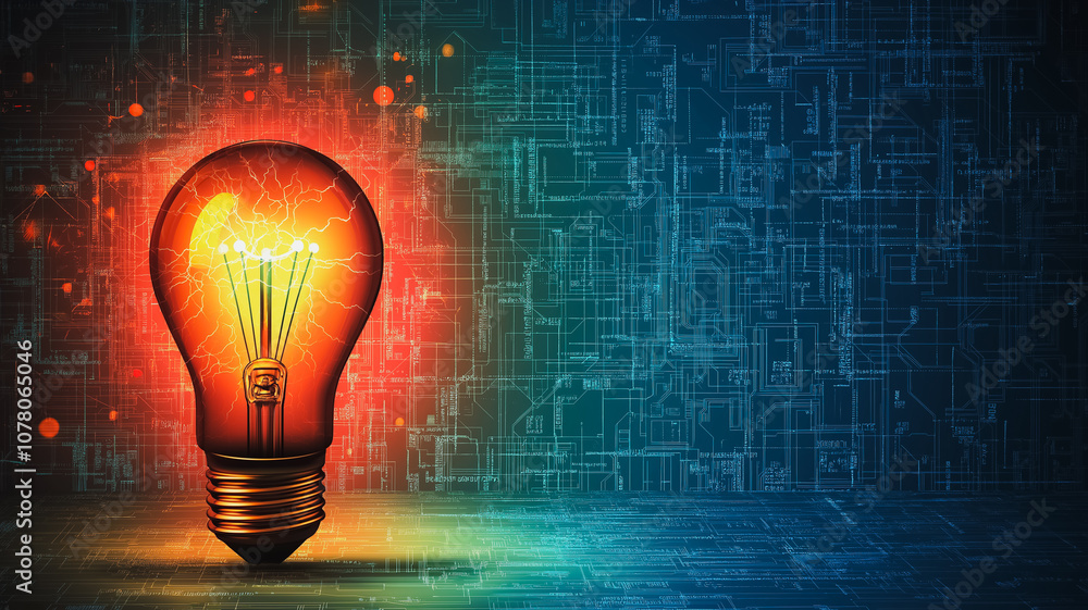 Poster a light bulb is lit up on a blue background. the light bulb is surrounded by a pattern of wires and 