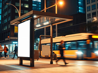 Fototapeta premium An urban bus stop at night with a blank advertising panel and motion blurred pedestrians, capturing city life in a modern setting for transportation.