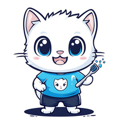 Fototapeta premium A cheerful cartoon cat wearing a blue shirt and shorts holds a toothbrush, promoting dental hygiene in a playful and engaging way