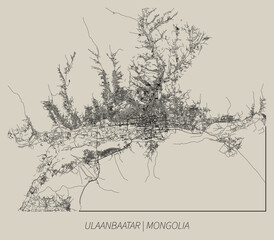 Ulaanbaatar (Mongolia) street map outline for poster.