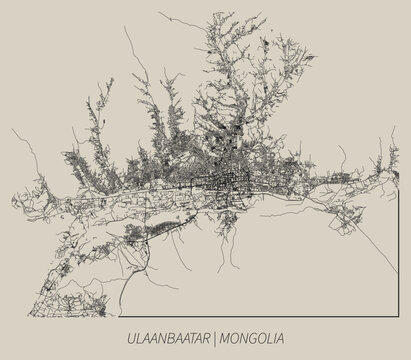 Ulaanbaatar (Mongolia) street map outline for poster.