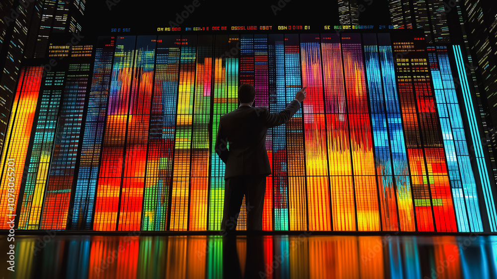 Poster a man is pointing at a colorful display of buildings. the display is made up of many different color