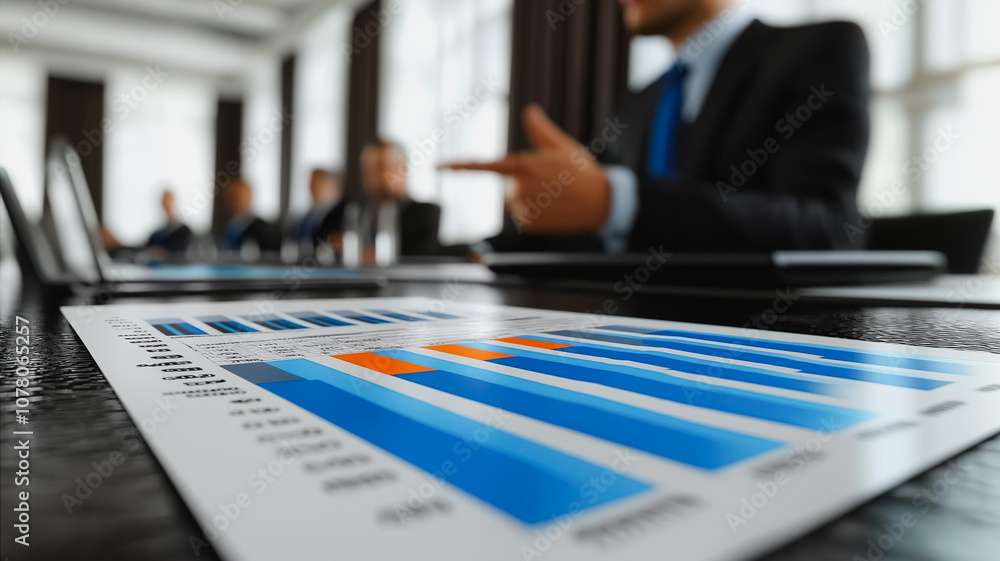 Poster a man is pointing at a chart on a table. the chart is filled with blue and orange bars. the man is w