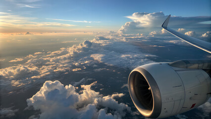 Clouds and aircraft engine in the evening, aerial evening photography