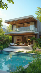 Fototapeta premium A modern house with a glass facade overlooking a serene pool, surrounded by lush plants and sunlight, embodying luxury and relaxation for real estate.